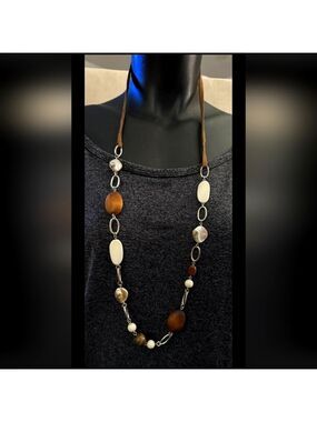 NY Abalone Shell Wooden Beads SilverTone Oval Links On Corded Necklace 38" NWOT